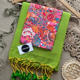 Perrot Handloom Khadi Cotton Saree With White Multi Colour Print Blouse